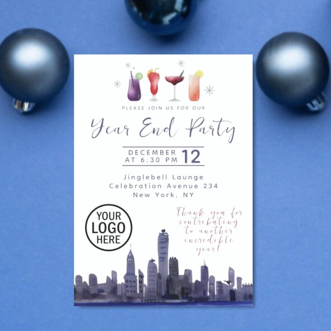 Convite para Festa de Fim de Ano da Skyline Compan (Watercolor Corporate Year End Party Invitation)