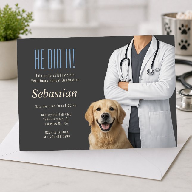 Convite para Festa de Formatura da Faculdade de Ve (Modern veterinary graduation invite with dog, clean elegant design)