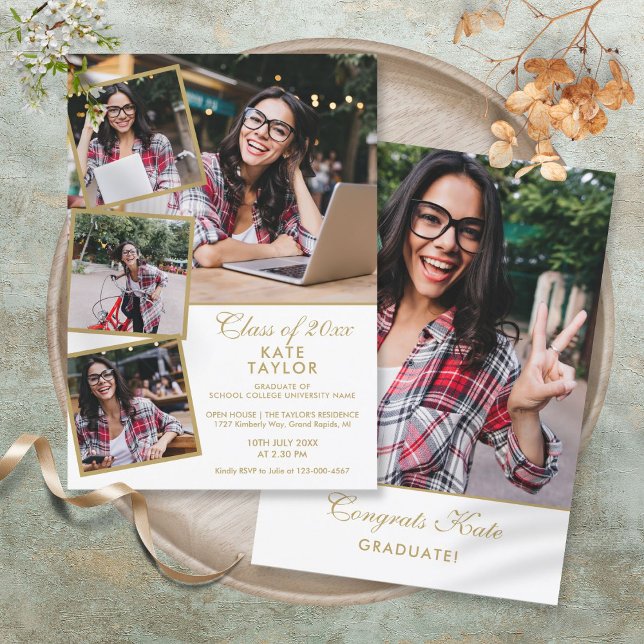 Convite para Festa de formatura de Colagem de Foto (Gold 5 Photo Collage Graduation Party Invitation)