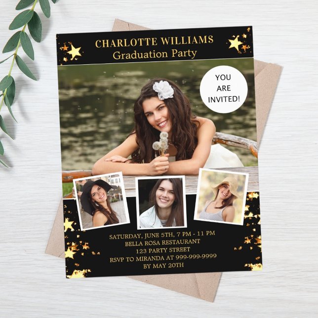 Convite para festa de formatura de estrelas dourad (Criador carregado)