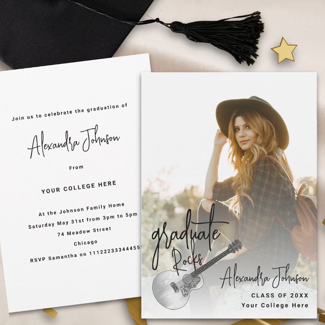 Convite para Festa de formatura de Fotos de Tendên (Modern trendy photo graduation announcement party rustic country guitar music theme)