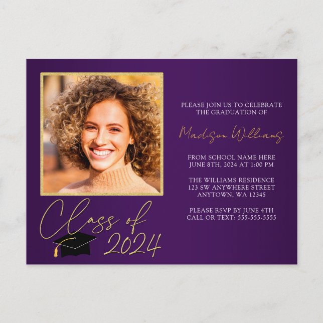 Convite para Festa de formatura Dourada Roxo Elega (Frente)