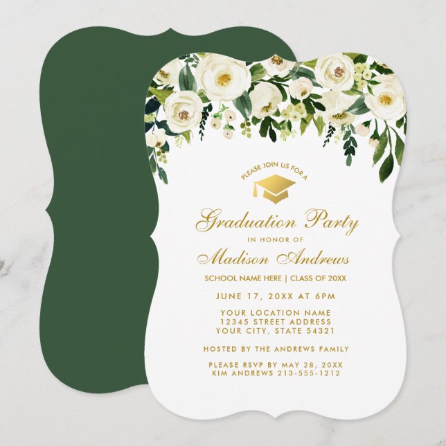 Convite para Festa de formatura Dourada Verde Flor (Frente/Verso)