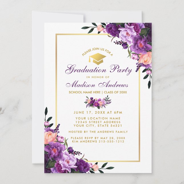 Convite para Festa de formatura Floral Ultra Viole (Frente)