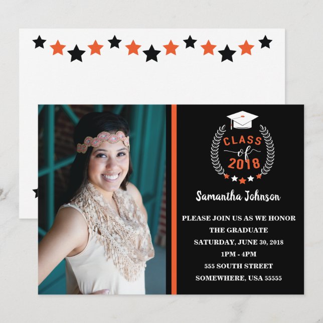 Convite para Festa de formatura Laranja e Preta (Frente/Verso)