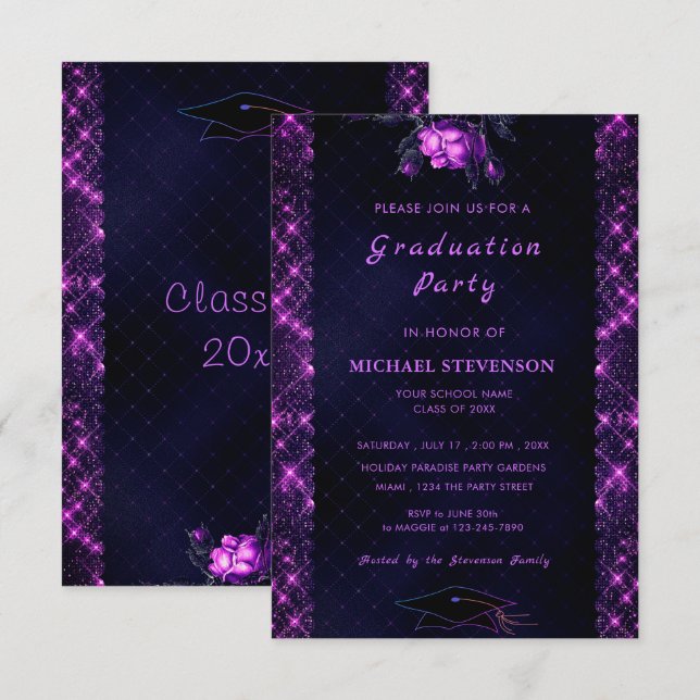 Convite para Festa de formatura Preta com Glitter  (Frente/Verso)