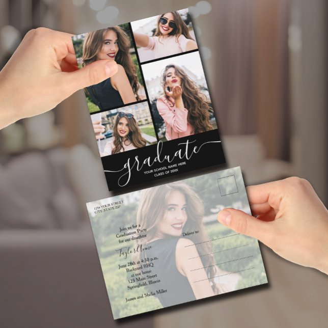 Convite para Festa de formatura Preta Multifotográ (Custom 5 photo graduation party invitation postcards
)