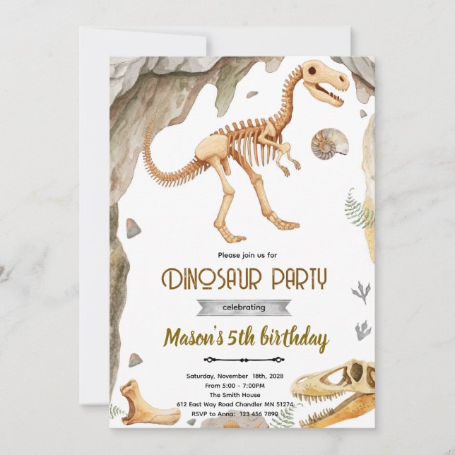 convite para festa de fóssil de dinossauro (Frente)