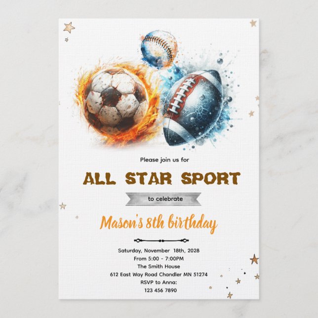 Convite para festa de futebol, beisebol e futebol  (Frente)
