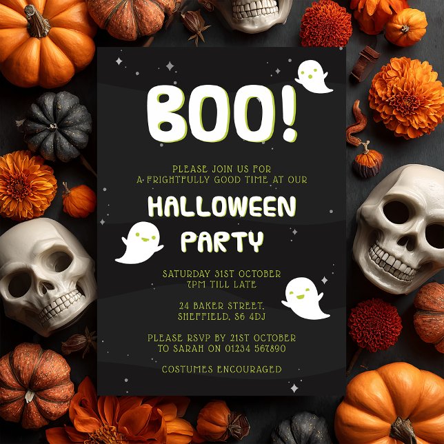 Convite para festa de Halloween - Boo! (Boo! 👻 Join us for a frightfully fun Halloween party with this ghostly invitation.)