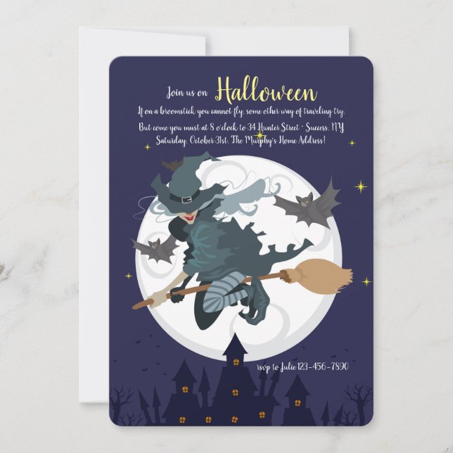 Convite para Festa de Halloween: Bruxa em uma Vass (Frente)
