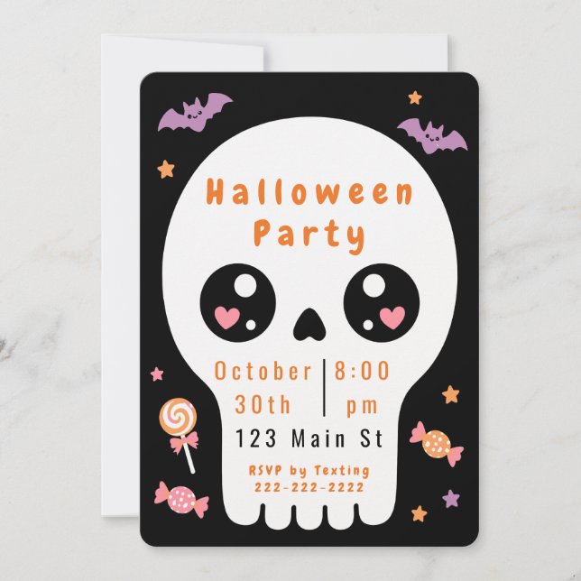 Convite para Festa de Halloween Caveira Fofa (Frente)