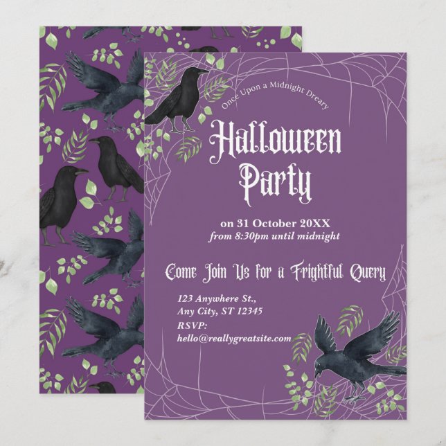 Convite para Festa de Halloween da Raven em Roxo (Frente/Verso)