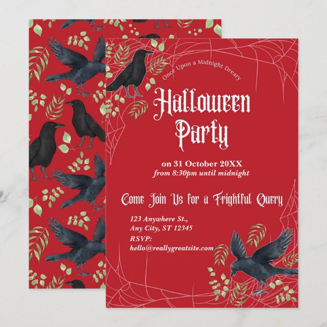Convite para Festa de Halloween da Raven em Vermel (Frente/Verso)