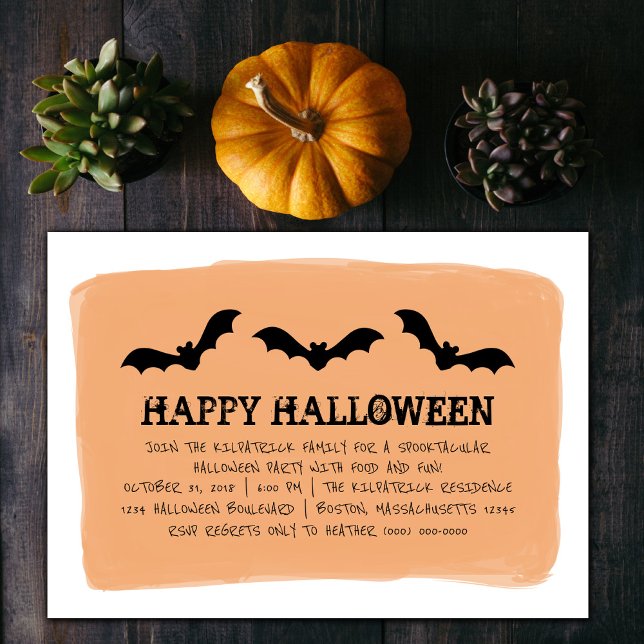 Convite para Festa de Halloween de Bats de Laranja (Orange Watercolor Bats Halloween Party Invite)