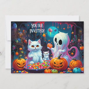Convite para Festa de Halloween de Fantasmas e Gat