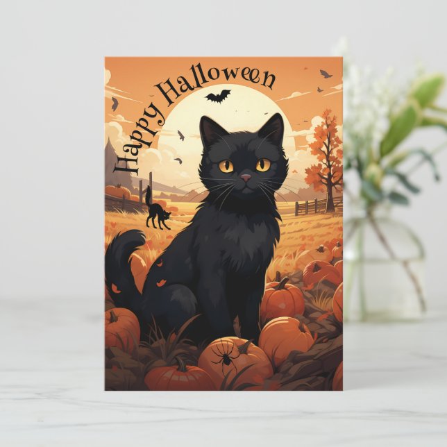 Convite para Festa de Halloween de Gato Negro (Em pé/Frente)