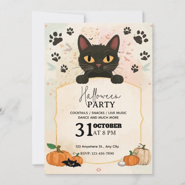 Convite para Festa de Halloween de Gato Negro | Bo (Frente)