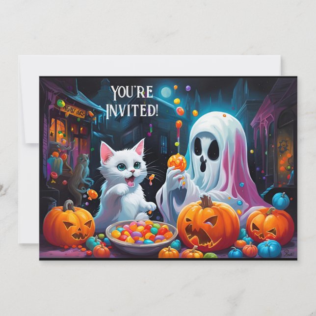 Convite para Festa de Halloween de Ghost e Kitten (Frente)