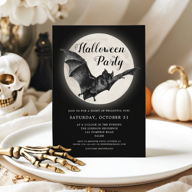 Convite para Festa de Halloween de Lua Cheia de Ba (Black Bat Full Moon Halloween Party Invitation)