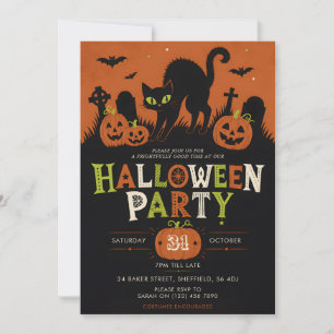 Convite para festa de Halloween - Gato Preto