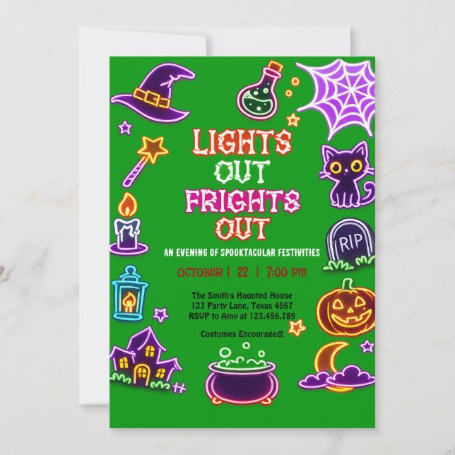 Convite para Festa de Halloween Neon Glow Extravag (Frente)