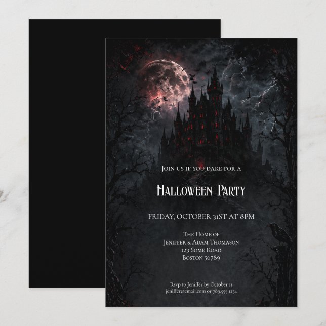convite para festa de Halloween no Castelo Assombr (Frente/Verso)