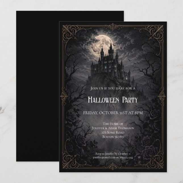 convite para festa de Halloween no Castelo Assombr (Frente/Verso)