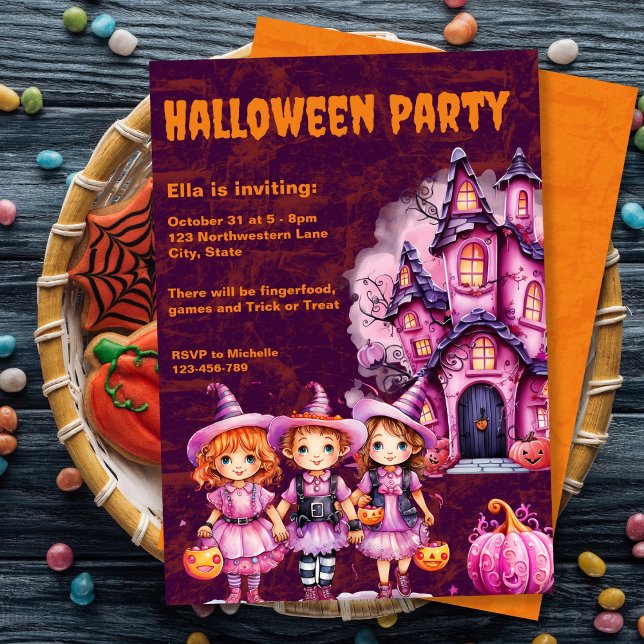 Convite para Festa de Halloween para Crianças Rosa (Pink Kids Halloween Party Invitation
)