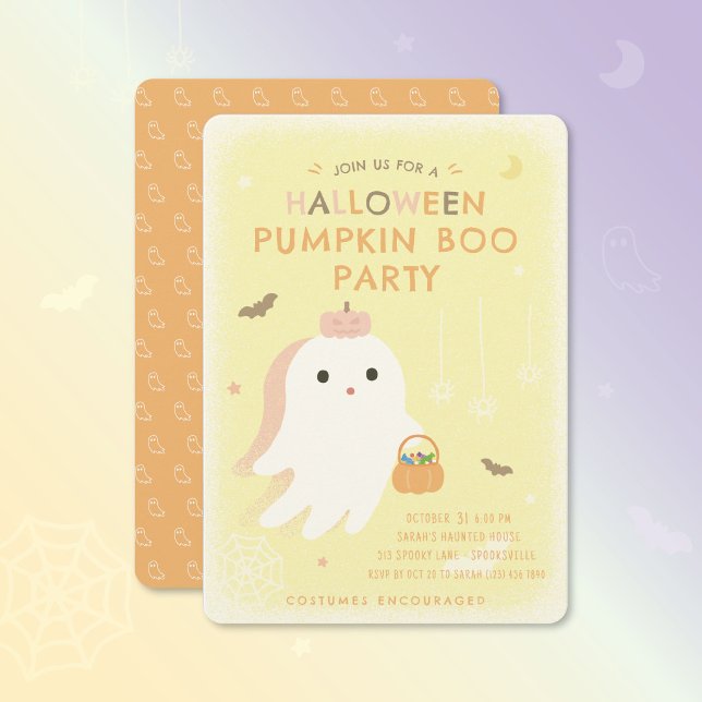 Convite para Festa de Halloween Pumpkin Boo (Cute ghost design, perfect for a kid-friendly Halloween bash! Customize the text easily.)