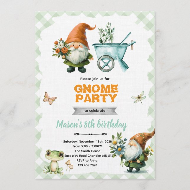 convite para festa de jardim de gnomos (Frente)