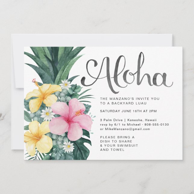 Convite para Festa de Luau de Verão Aloha (Frente)