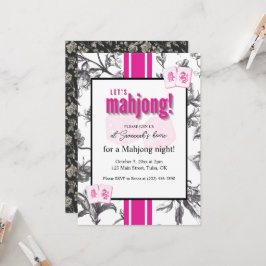 Convite para Festa de Mahjong, toile preto e rosa,