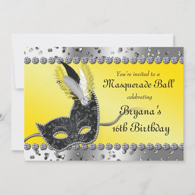 Convite para Festa de Mascarada Prata e Amarelo (Frente)