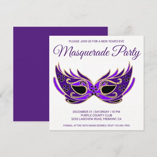 Convite para Festa de Máscaras de Ano Novo Purple  (Frente/Verso)