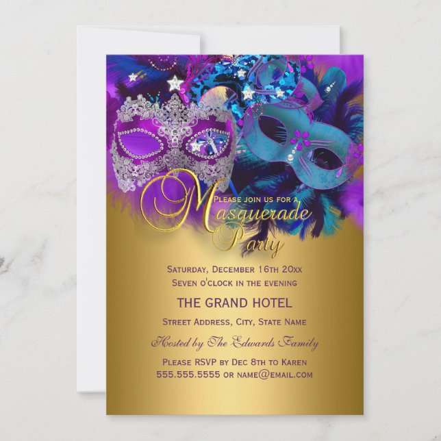 Convite para Festa de Máscaras Roxo Azul e Dourado (Frente)