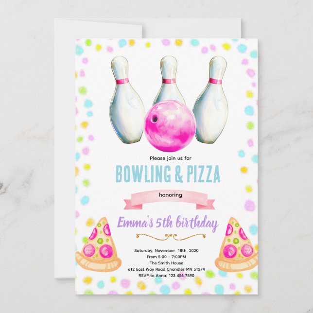 Convite para festa de meninas com boliche e pizza (Frente)