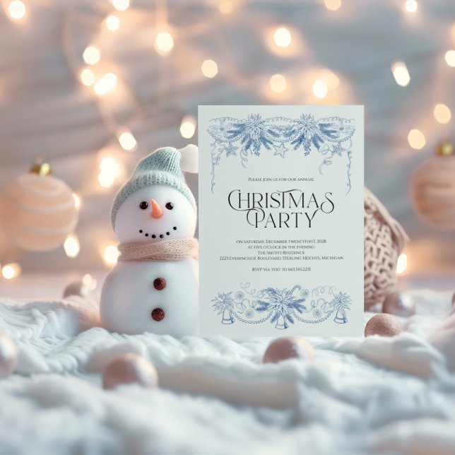 Convite para Festa de Natal Azul Desenhado à Mão (Criador carregado)