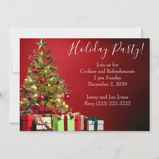 Convite para festa de Natal com árvore e presentes (Frente)