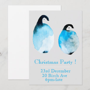 Convite para festa de Natal com pinguim azul de in