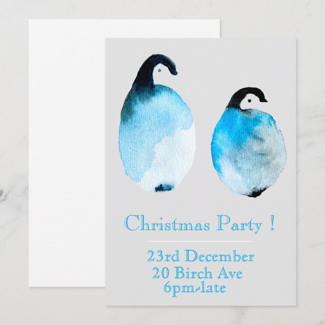 Convite para festa de Natal com pinguim azul de in (Frente/Verso)