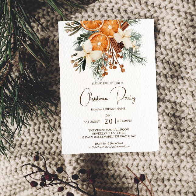 Convite para Festa de Natal da Office Company (Office Company Christmas Holiday Party invitation template rustic winter botanical citrus watercolor)