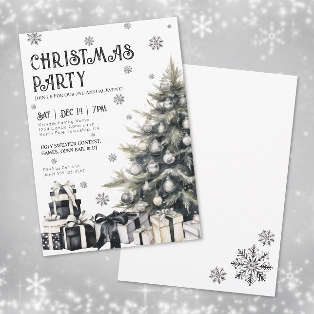 Convite para Festa de Natal de Inverno Preto e Bra (Black White Winter Christmas Party Invitation )