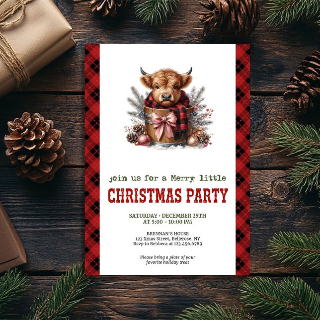 Convite para festa de Natal de vaca highland count (Country highland cow Christmas party invitation)