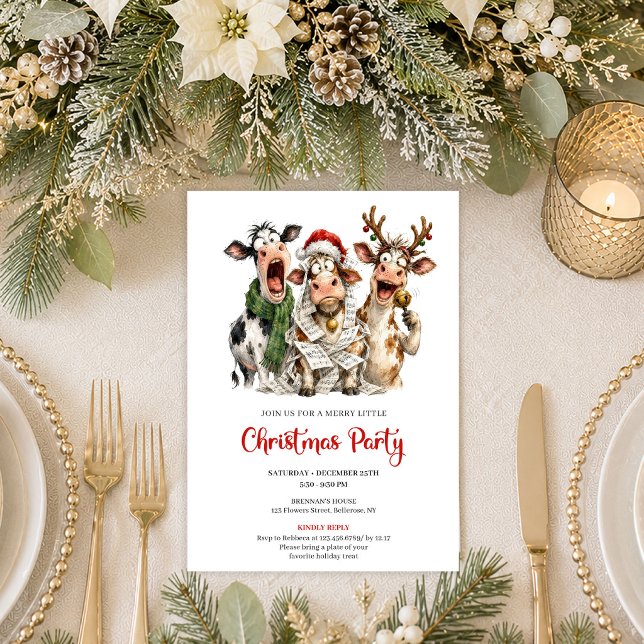 Convite para Festa de Natal de Vacas Divertidas e  (Whimsical Funny Cows Christmas Party Invitation Design

)