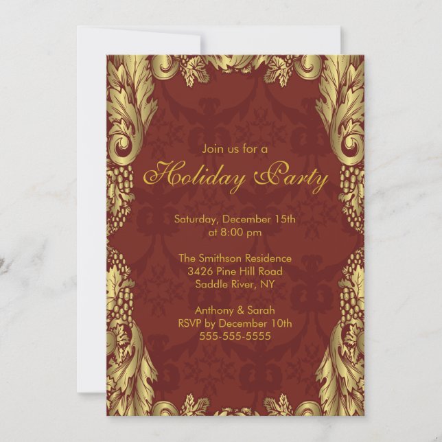 Convite para Festa de Natal Dourada Damask (Frente)