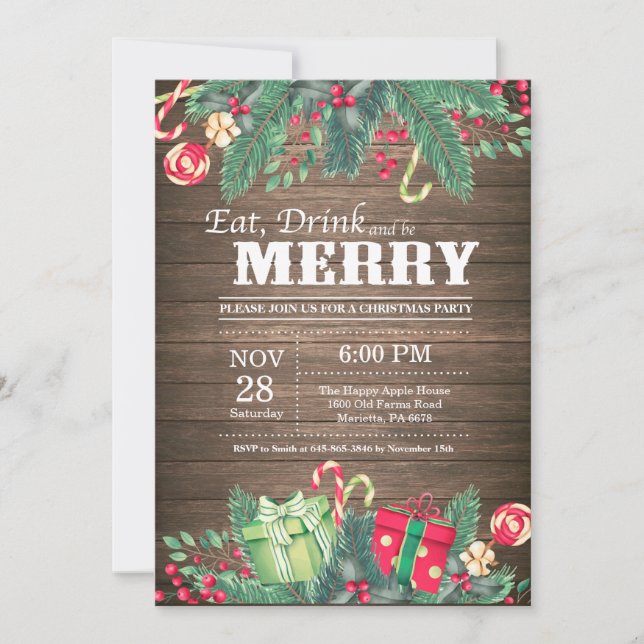 Convite para Festa de Natal no estilo Madeira Rúst (Frente)