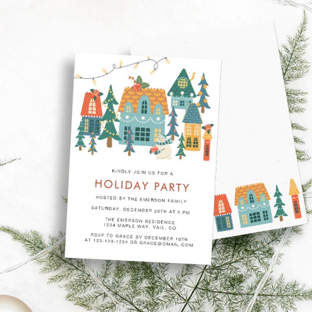 Convite para Festa de Natal Retro Holiday (Retro Houses Holiday Party Invitation by Painted Paperie)