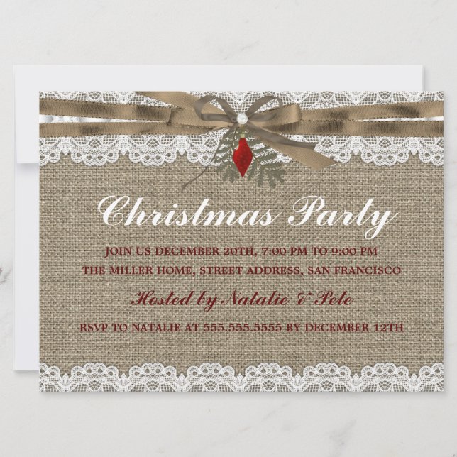 Convite para Festa de Natal Vintage Burlap & Lace (Frente)