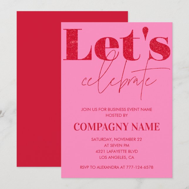 convite para festa de negócios cor-de-rosa Vamos c (Frente/Verso)